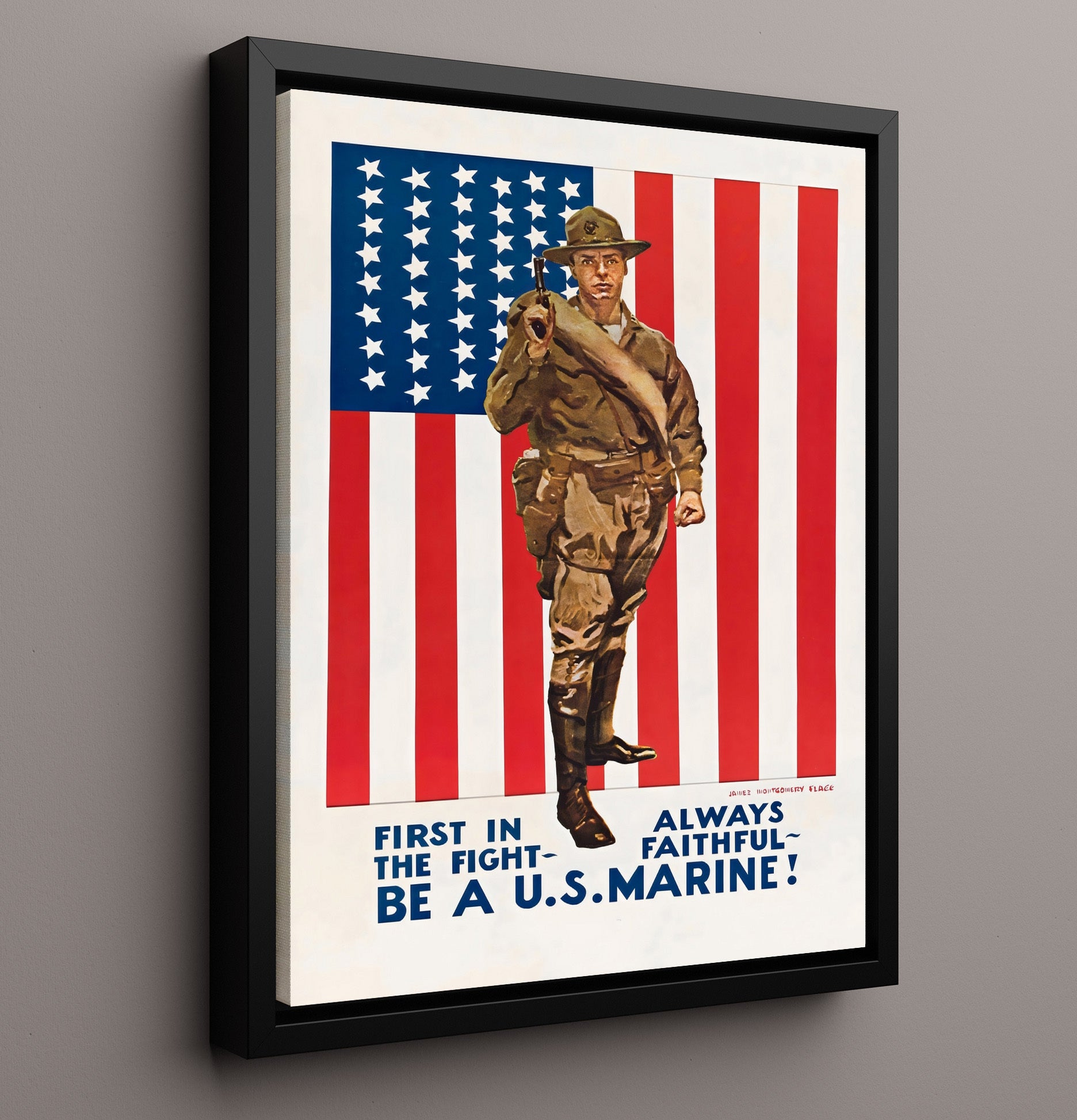 Vintage War Poster - Be a U.S. Marine - First in Fight Vintage War Wall Art - 16x20 Framed Canvas