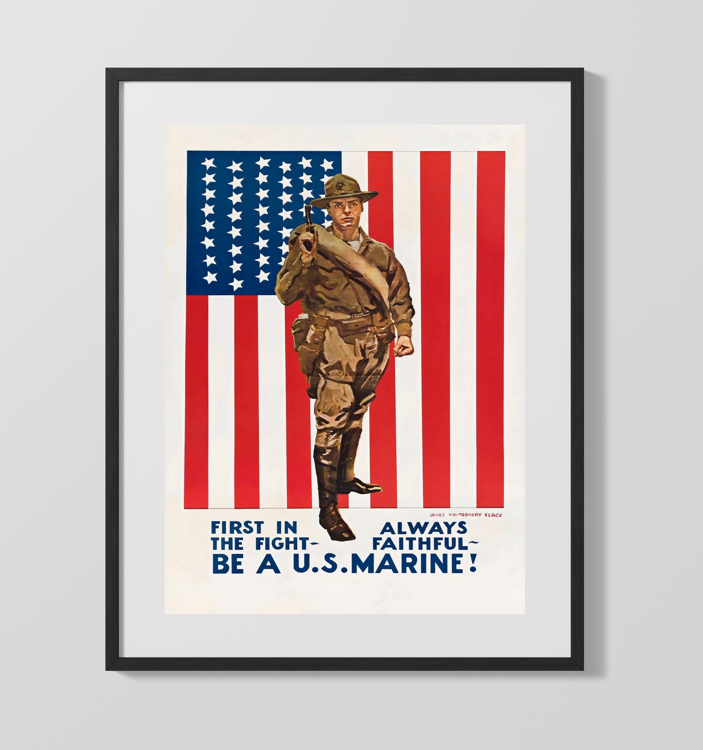 Vintage War Poster - Be a U.S. Marine - First in Fight Vintage War Wall Art - 16x20 Gallery Frame