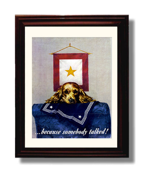Vintage War Poster - Because Somebody Talked Gold Star Vintage War Wall Art - 8x10 Beveled Frame