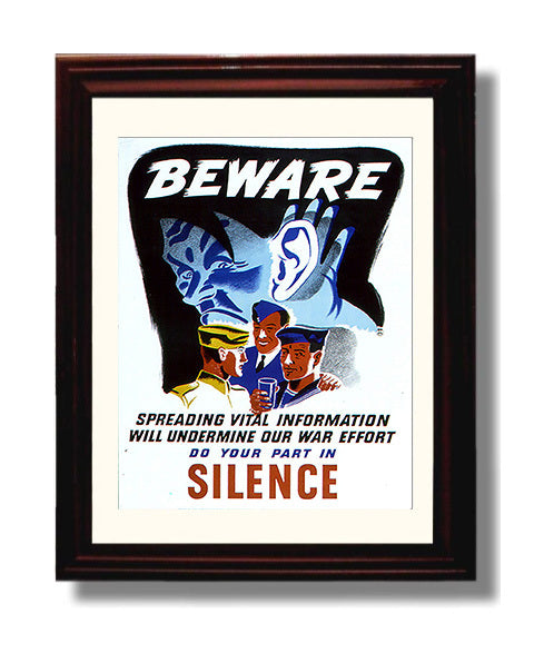 Vintage War Poster - Beware Do Your Part In Silence Vintage War Wall Art - 8x10 Beveled Frame