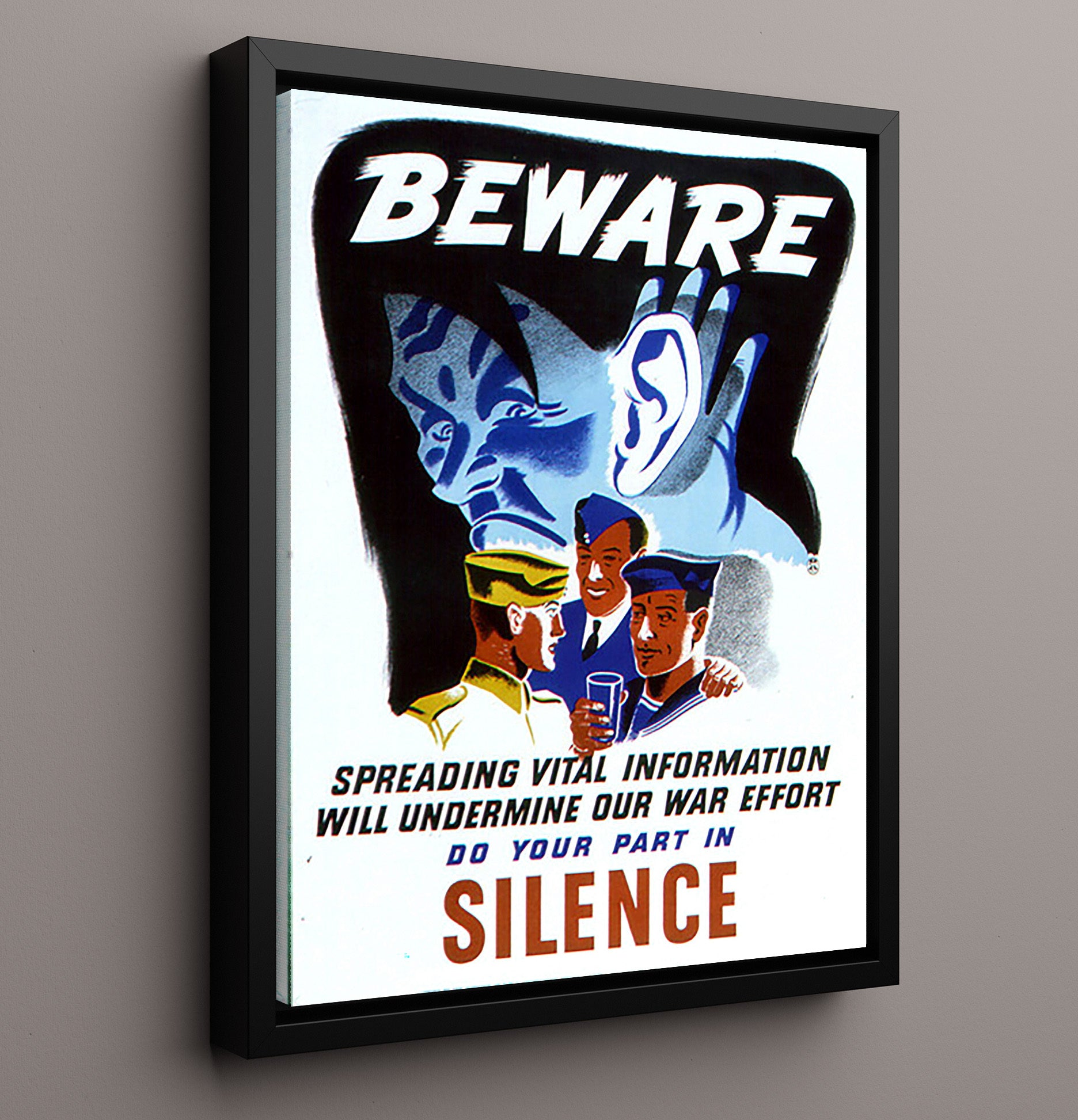 Vintage War Poster - Beware Do Your Part In Silence Vintage War Wall Art - 16x20 Framed Canvas