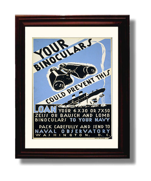 Vintage War Poster - Binoculars Save Ships - Sharp Eyes Vintage War Wall Art - 8x10 Beveled Frame