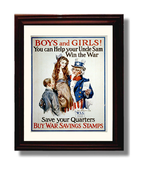 Vintage War Poster - Boys and Girls Buy War Savings Stamps Vintage War Wall Art - 8x10 Beveled Frame
