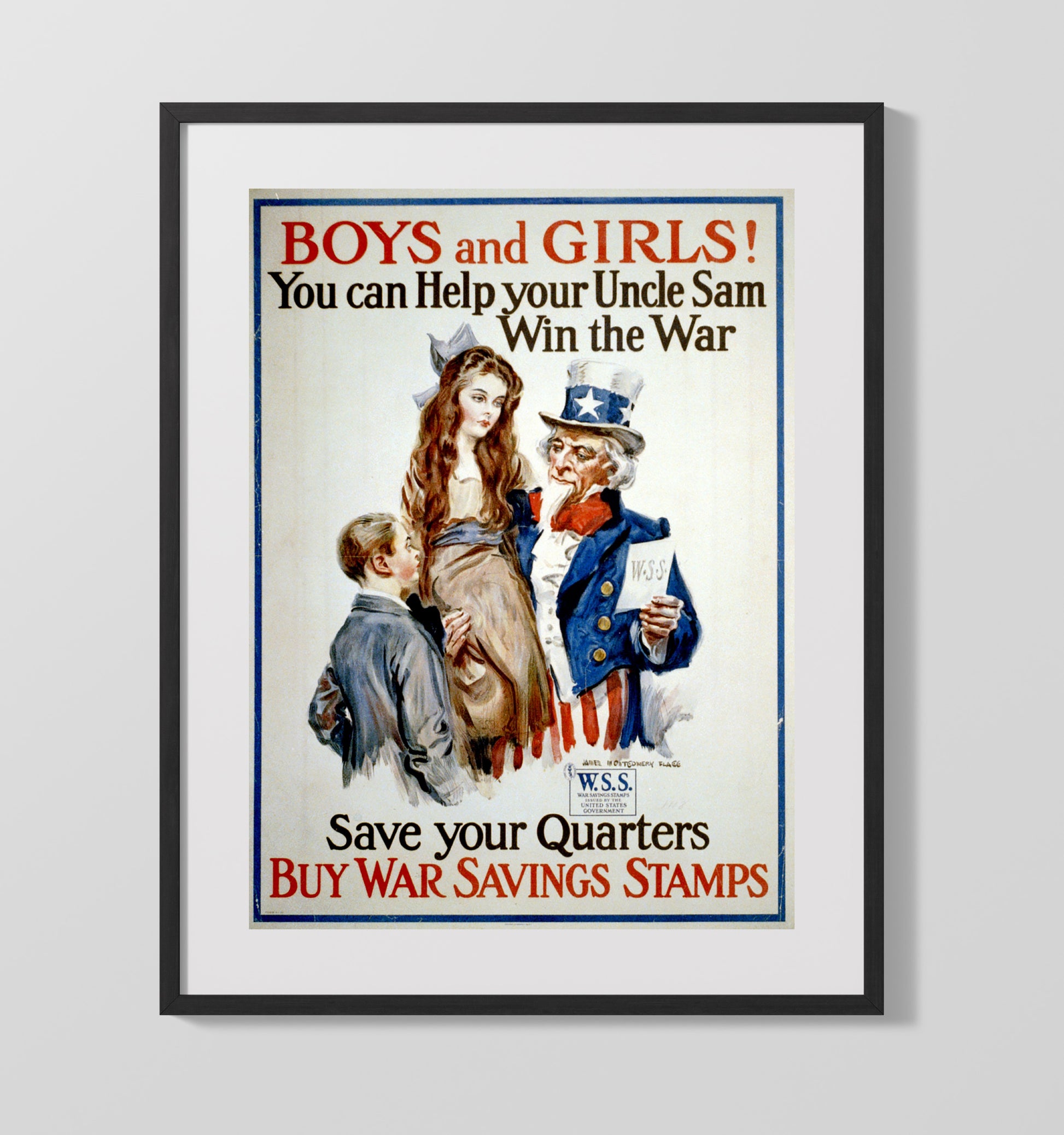 Vintage War Poster - Boys and Girls Buy War Savings Stamps Vintage War Wall Art - 16x20 Gallery Frame