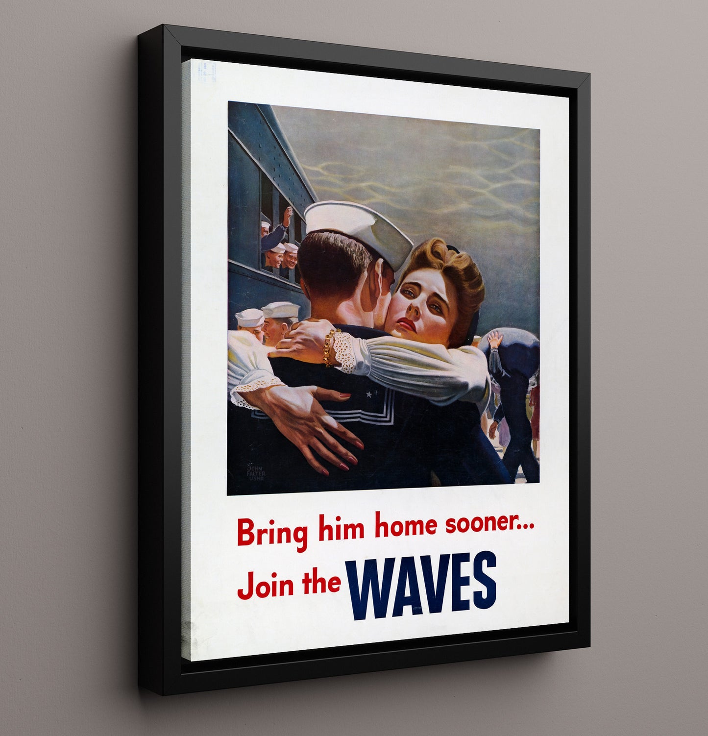 Vintage War Poster - Bring Him Home Sooner Join the Waves Vintage War Wall Art - 16x20 Framed Canvas