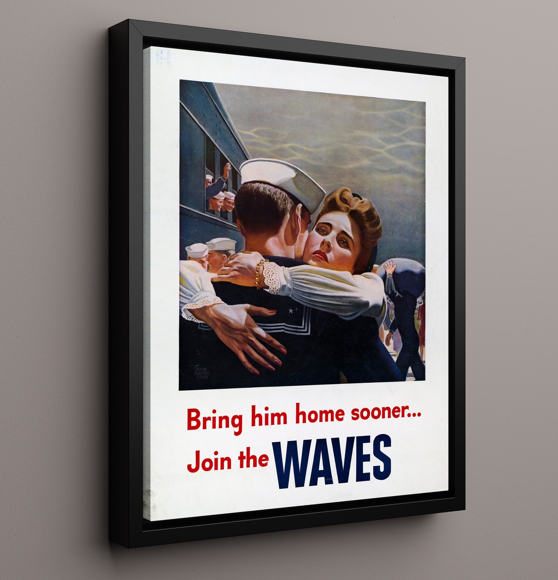 Vintage War Poster - Bring Him Home Sooner Join the Waves Vintage War Wall Art - 16x20 Framed Canvas