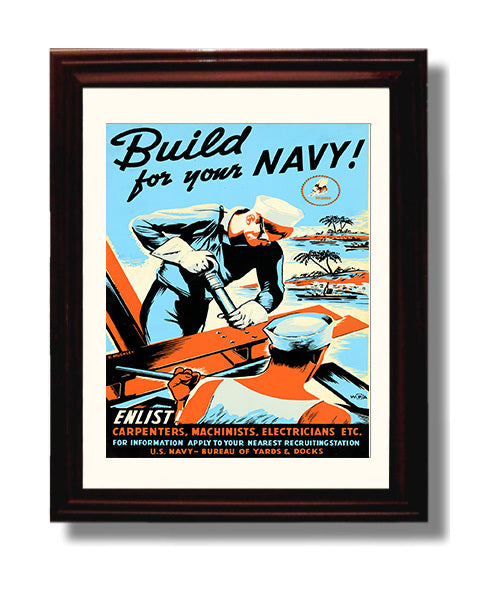 Vintage War Poster - Build Your Navy Vintage War Wall Art - 8x10 Beveled Frame