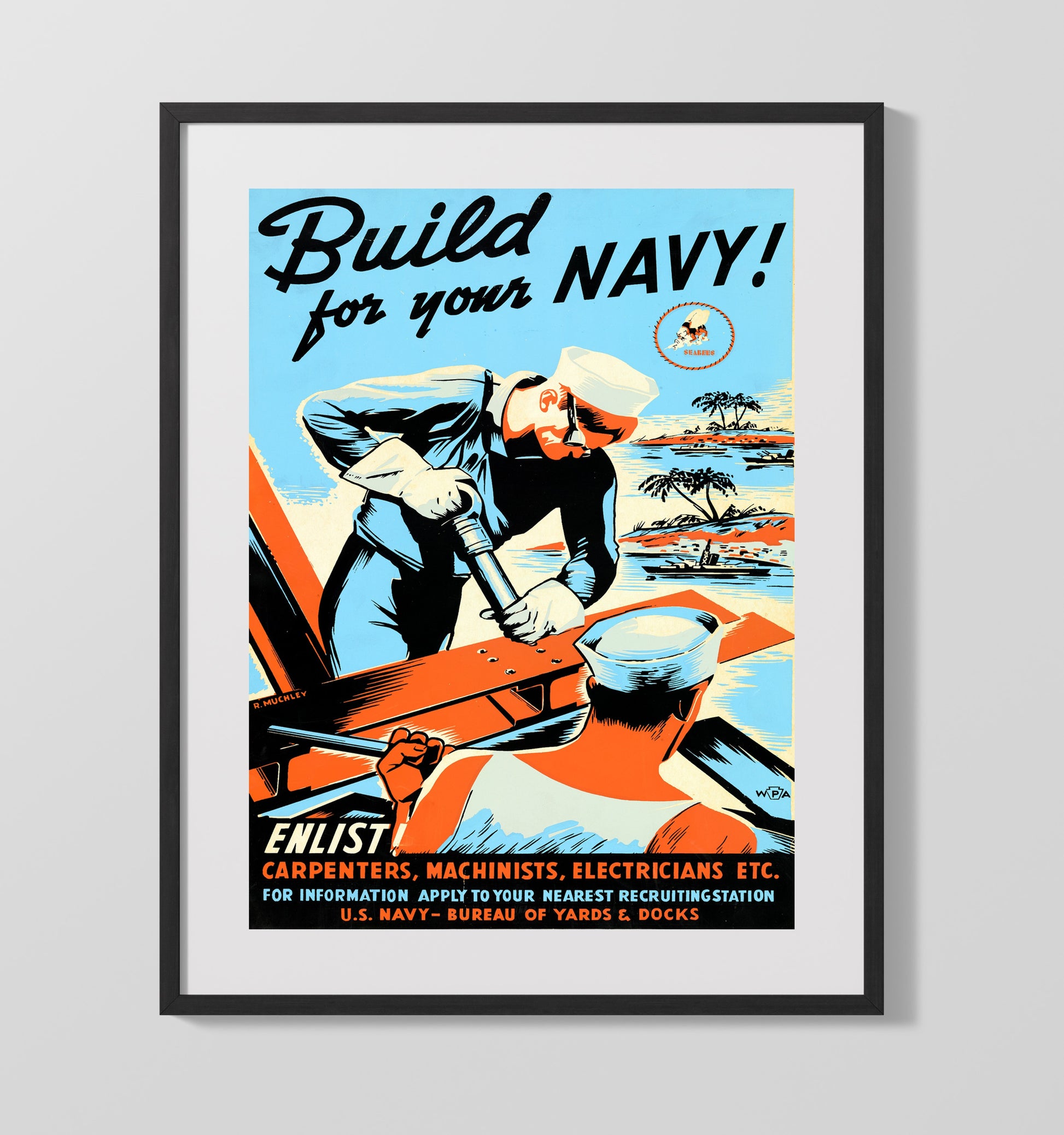 Vintage War Poster - Build Your Navy Vintage War Wall Art - 16x20 Gallery Frame