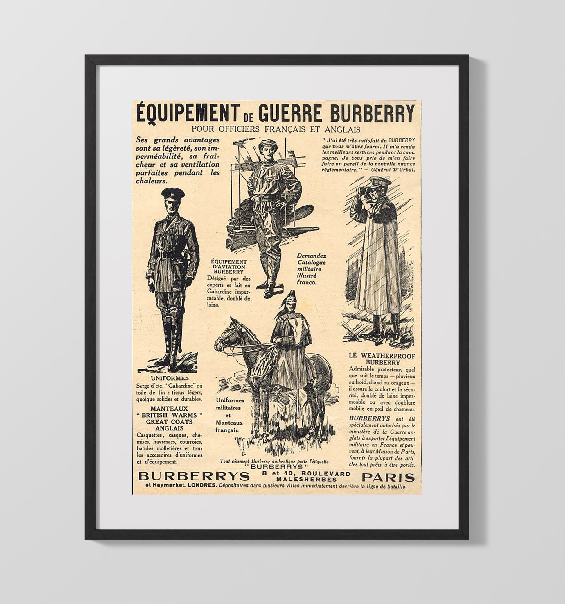Burberrys Paris Pour Officiers Francais et Anglais war poster wall art 16x20 Gallery Frame
