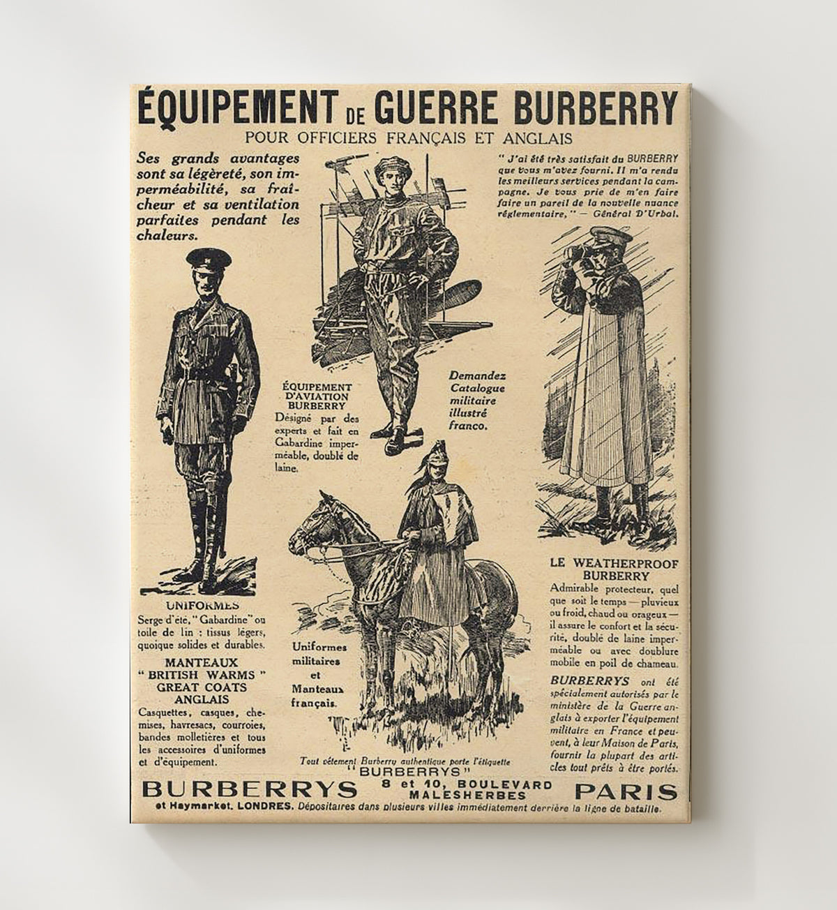 Burberrys Paris Pour Officiers Francais et Anglais vintage war poster canvas wall art 20x24 Canvas