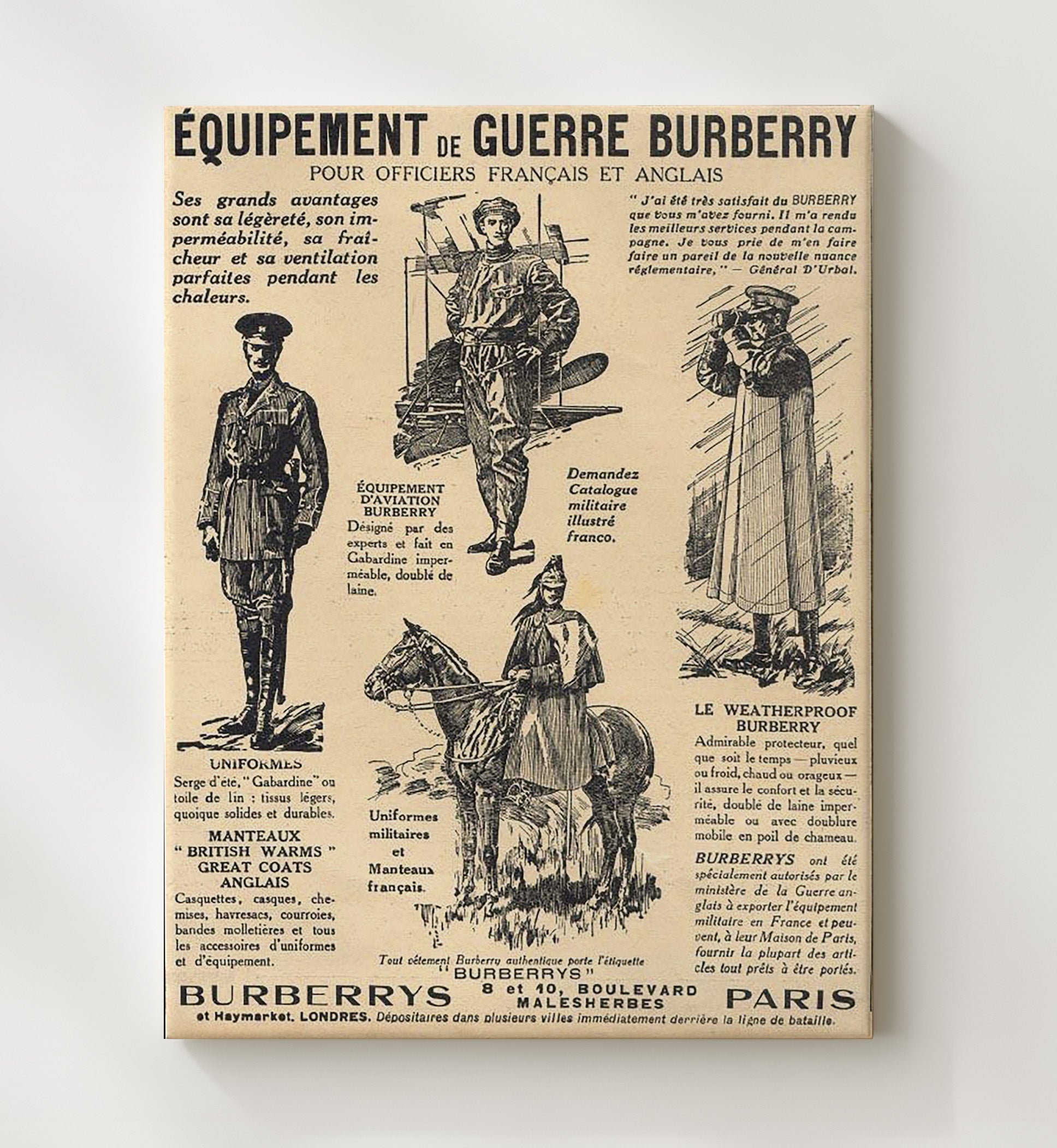 Burberrys Paris Pour Officiers Francais et Anglais vintage war poster canvas wall art 20x24 Canvas