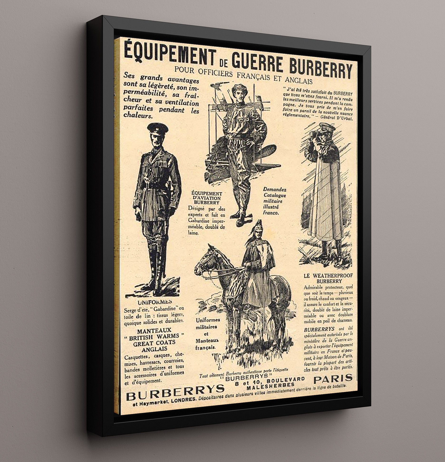 Vintage War Poster - Burberrys Paris Pour Officiers Francais et Anglais Vintage War Wall Art - 16x20 Framed Canvas