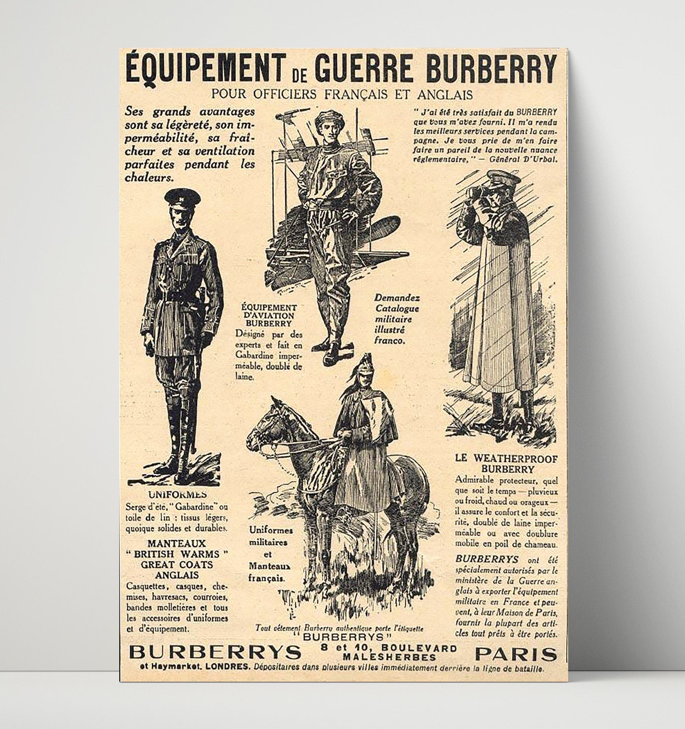 Vintage War Poster - Burberrys Paris Pour Officiers Francais et Anglais Vintage War Wall Art - 16x20 Unframed Print
