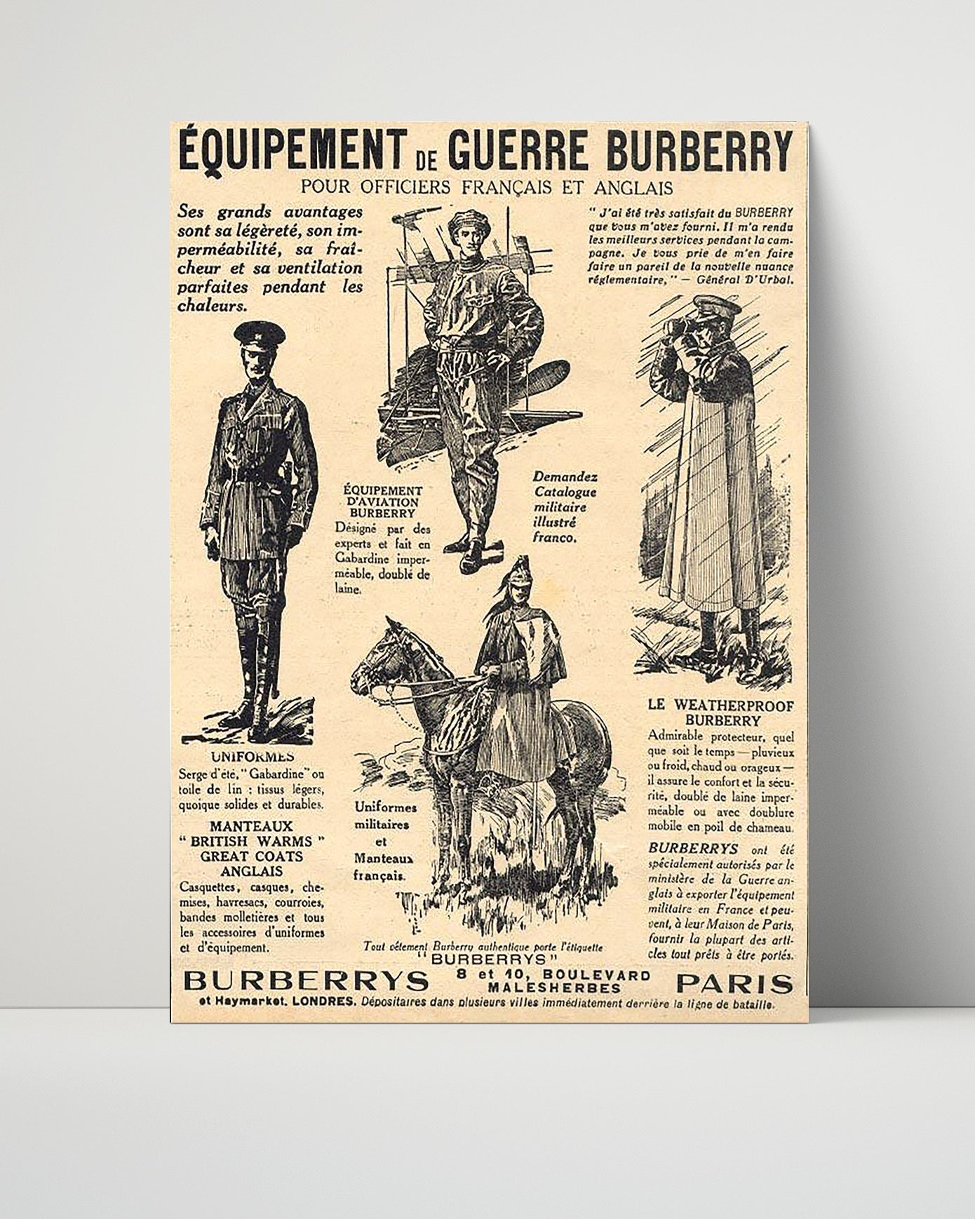Vintage War Poster Unframed- Burberrys Paris Pour Officiers Francais et Anglais
