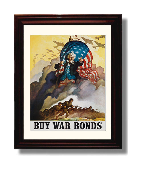 Vintage War Poster - Buy War Bonds Uncle Sam Vintage War Wall Art - 8x10 Beveled Frame