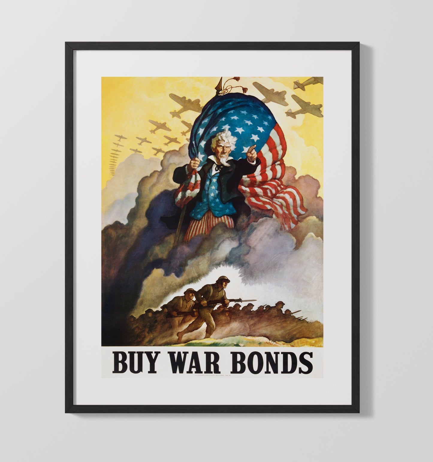 Vintage War Poster - Buy War Bonds Uncle Sam Vintage War Wall Art - 16x20 Gallery Frame