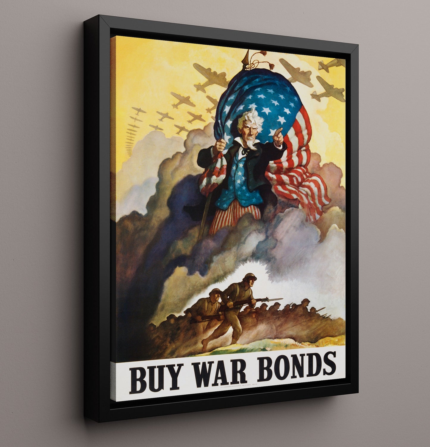 Vintage War Poster - Buy War Bonds Uncle Sam Vintage War Wall Art - 16x20 Framed Canvas