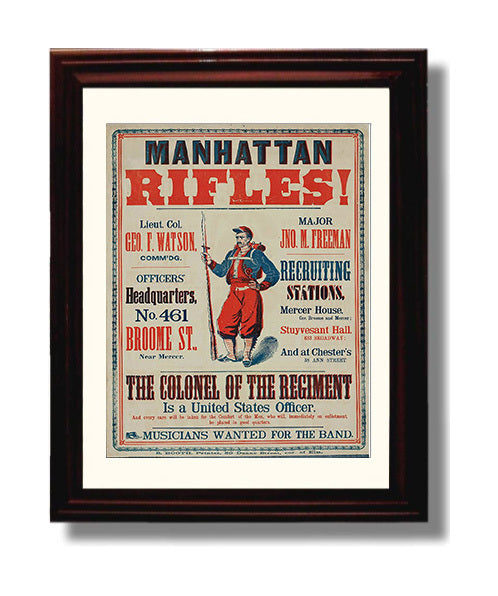 Vintage War Poster - Civil War Recruitment Oosters Mathattan Rifles Vintage War Wall Art - 8x10 Beveled Frame