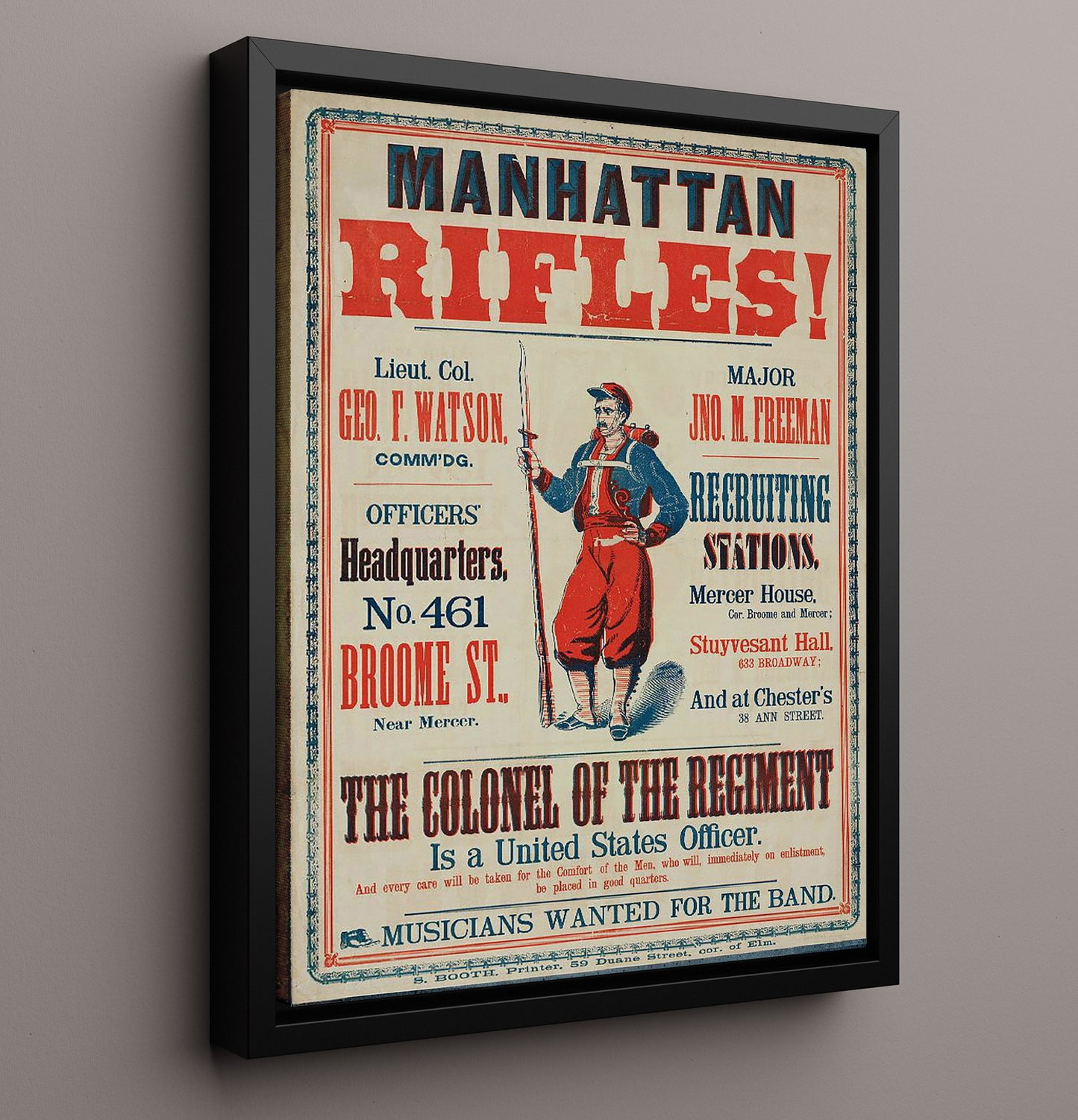 Vintage War Poster - Civil War Recruitment Oosters Mathattan Rifles Vintage War Wall Art - 16x20 Framed Canvas