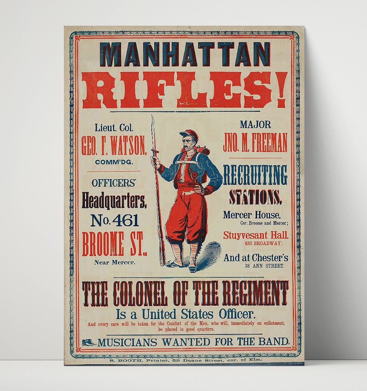 Vintage War Poster - Civil War Recruitment Oosters Mathattan Rifles Vintage War Wall Art - 16x20 Unframed Print
