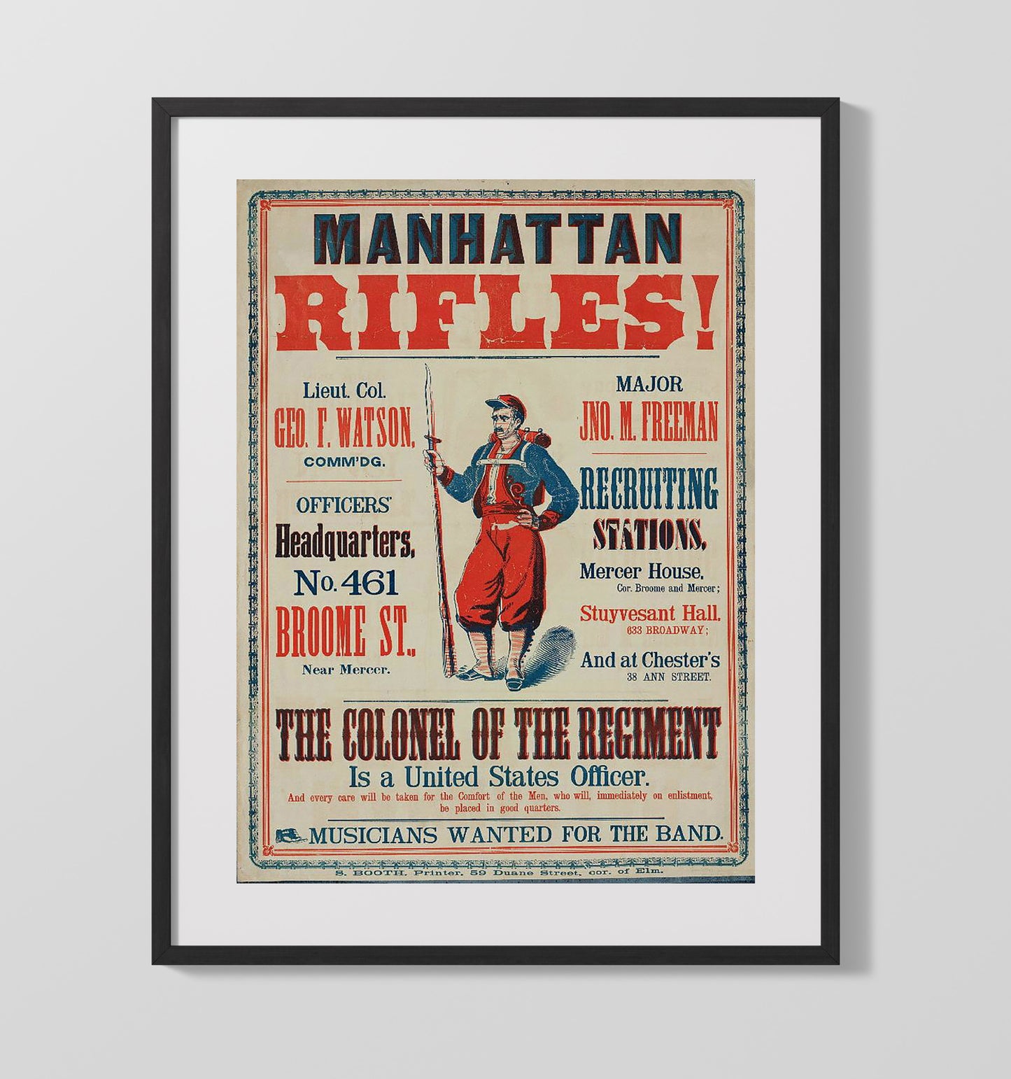 Civil War Recruitment Oosters Mathattan Rifles war poster wall art 16x20 Gallery Frame