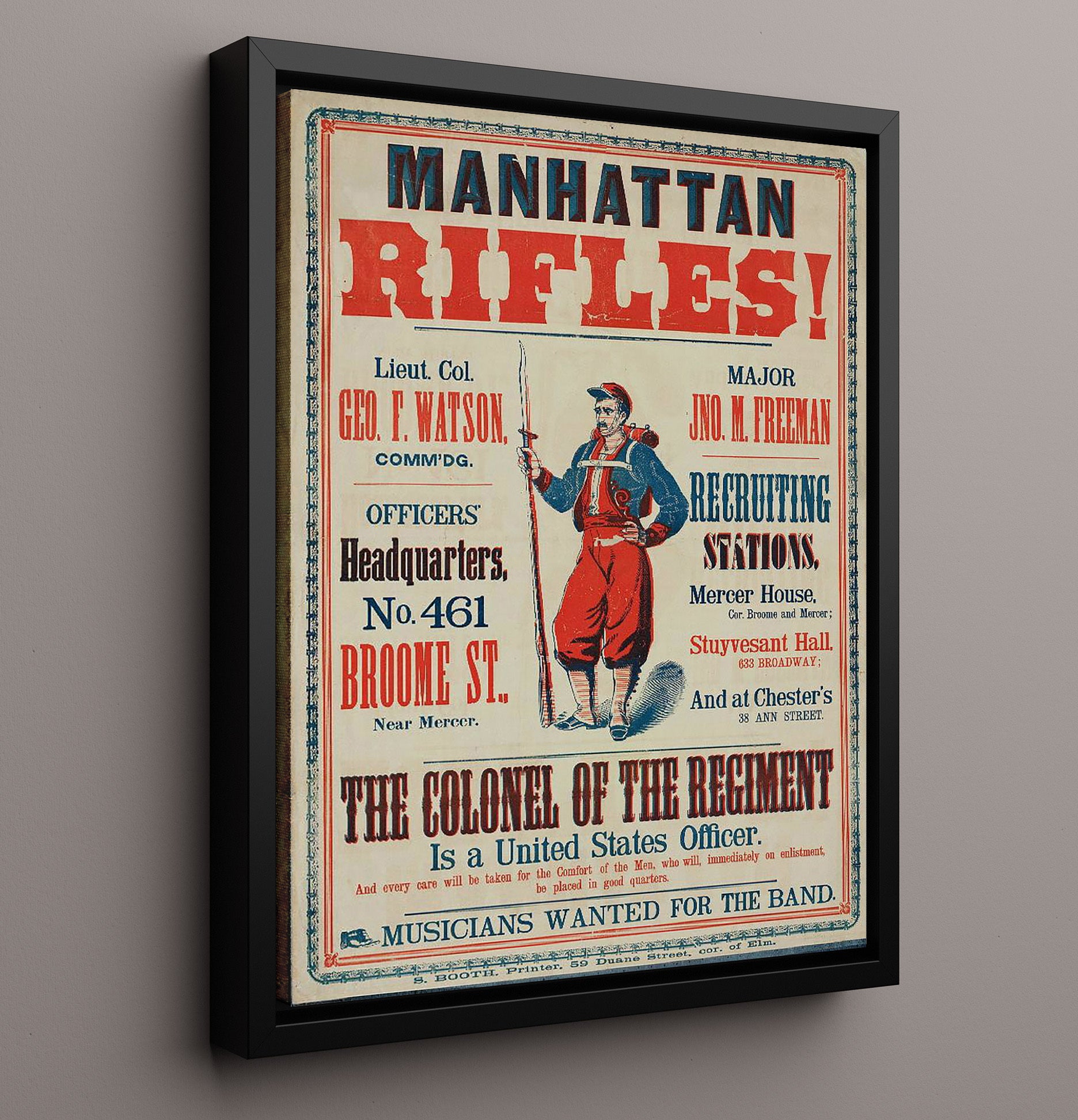 Civil War Recruitment Oosters Mathattan Rifles war poster wall art 16x20 Framed Canvas
