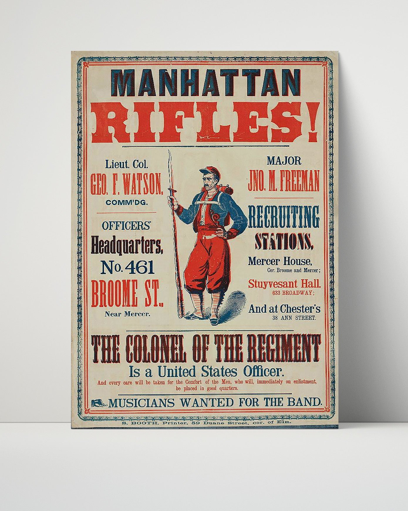 Vintage War Poster Unframed- Civil War Recruitment Oosters Mathattan Rifles