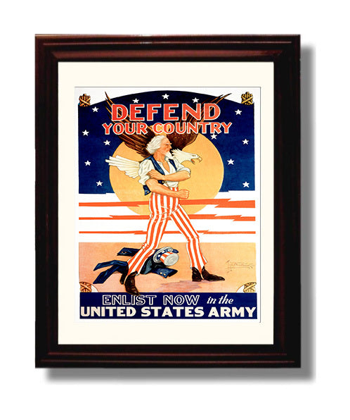 Vintage War Poster - Defend Your Country Enlist Now Vintage War Wall Art - 8x10 Beveled Frame