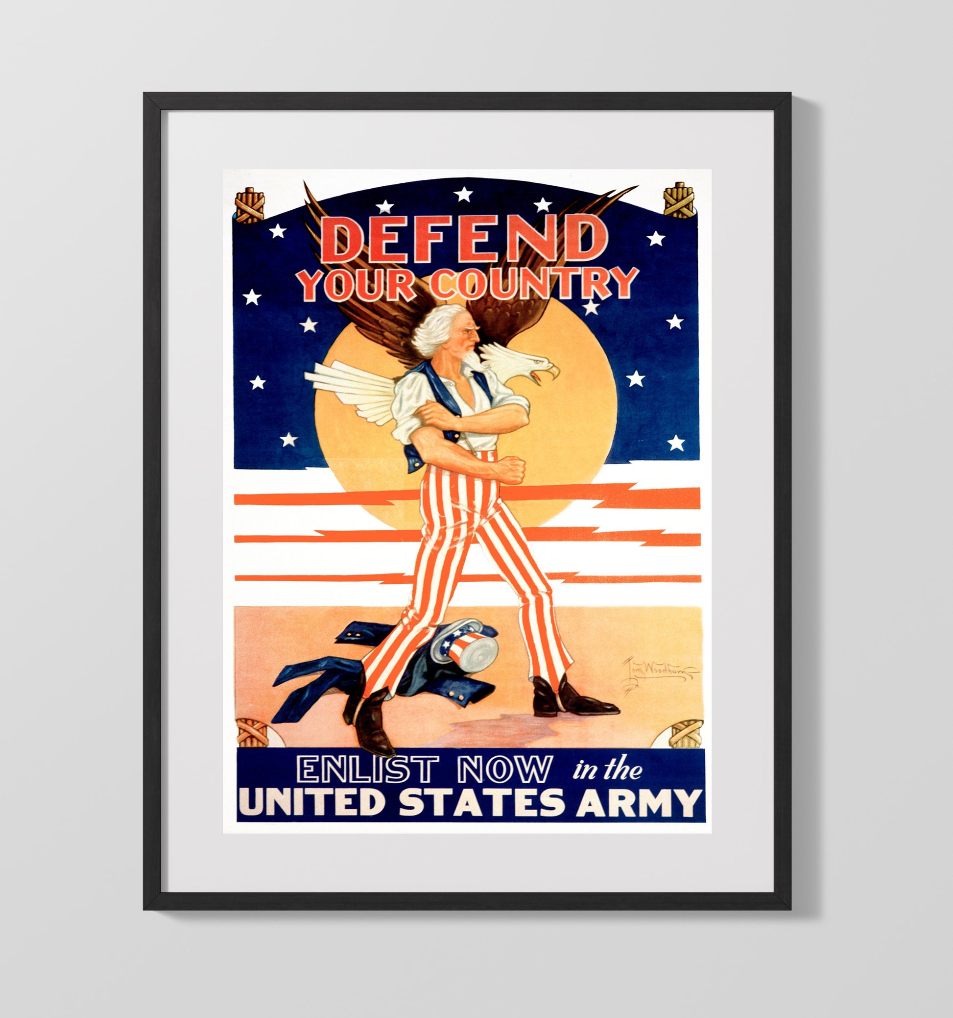Vintage War Poster - Defend Your Country Enlist Now Vintage War Wall Art - 16x20 Gallery Frame