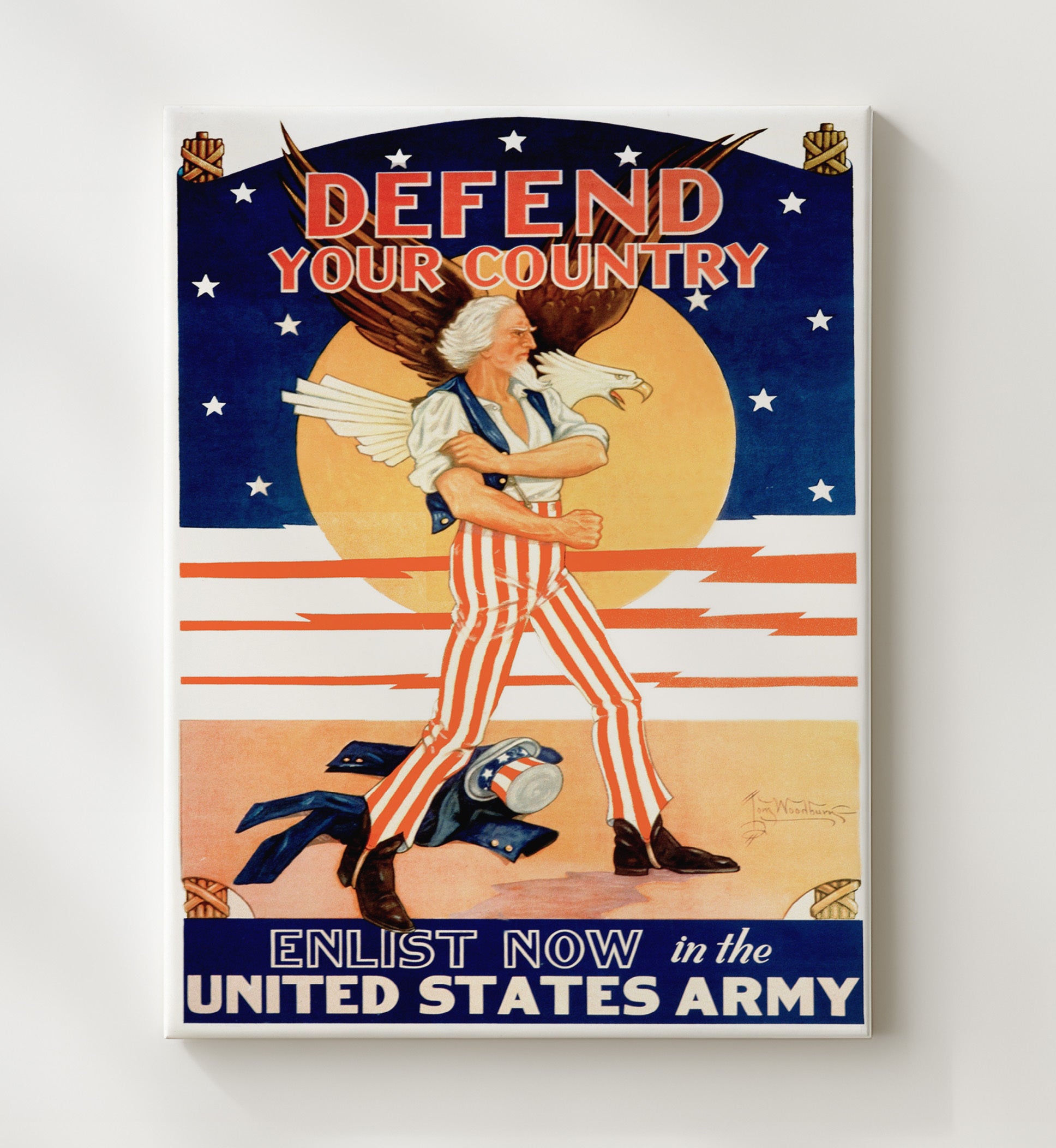 Vintage War Poster - Defend Your Country Enlist Now Vintage War Wall Art - 20x24 Canvas