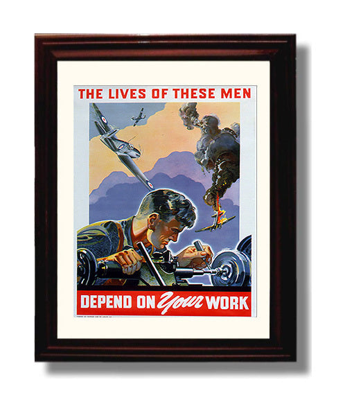 Vintage War Poster - Defense Work - Lives Depend on You Vintage War Wall Art - 8x10 Beveled Frame