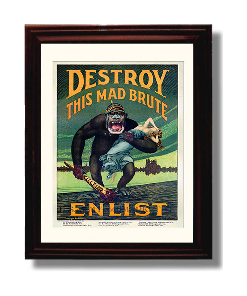 Vintage War Poster - Destroy This Mad Brute Vintage War Wall Art - 8x10 Beveled Frame