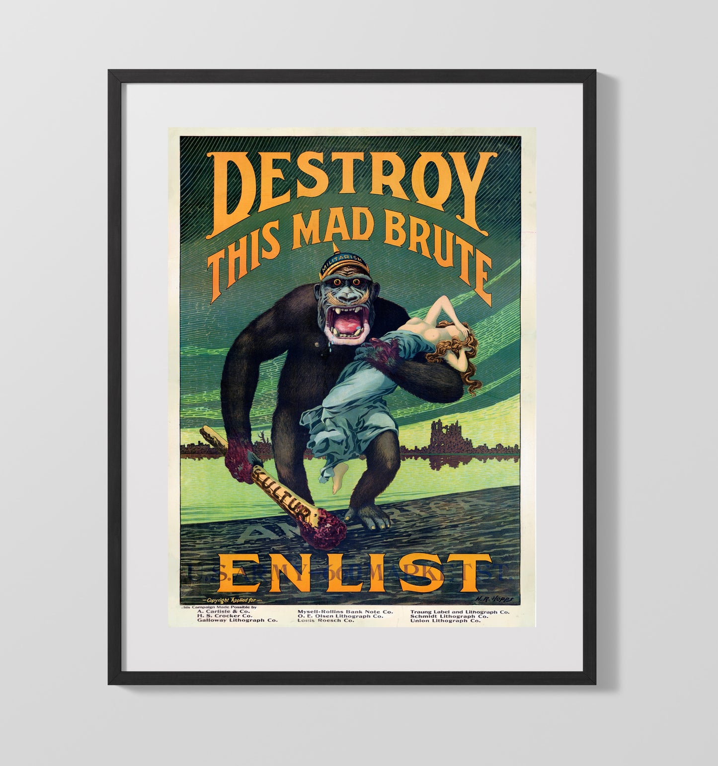 Vintage War Poster - Destroy This Mad Brute Vintage War Wall Art - 16x20 Gallery Frame