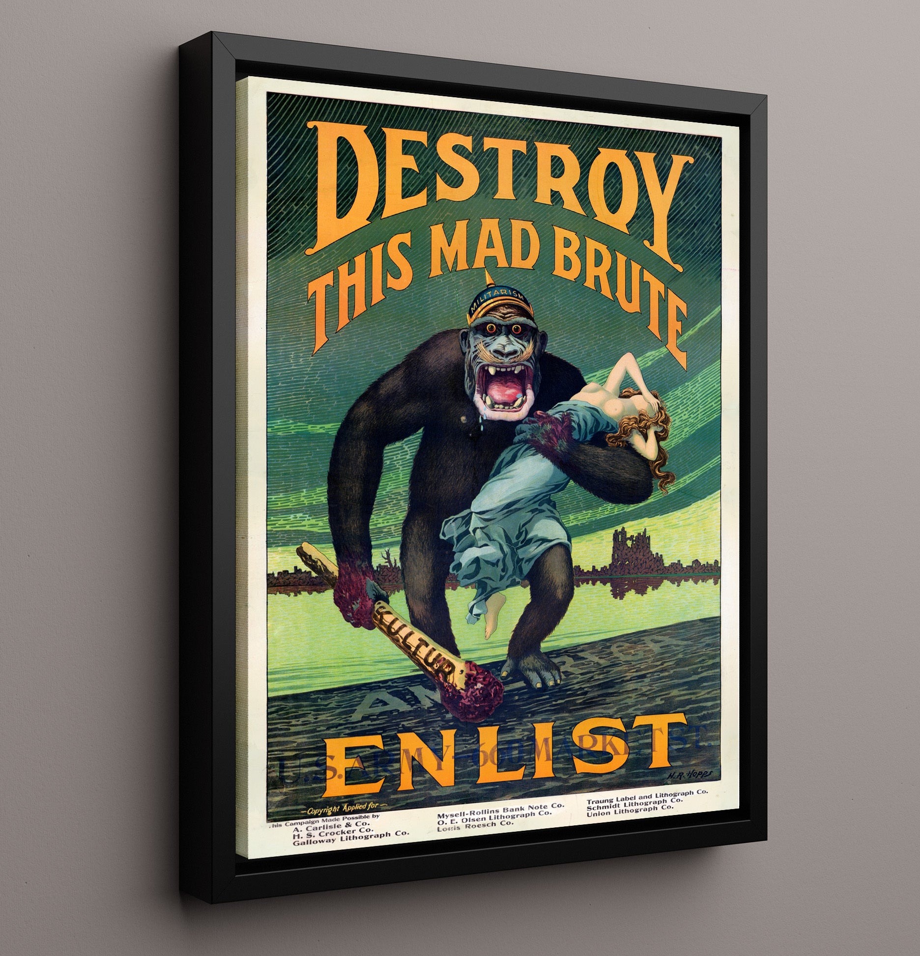 Vintage War Poster - Destroy This Mad Brute Vintage War Wall Art - 16x20 Framed Canvas