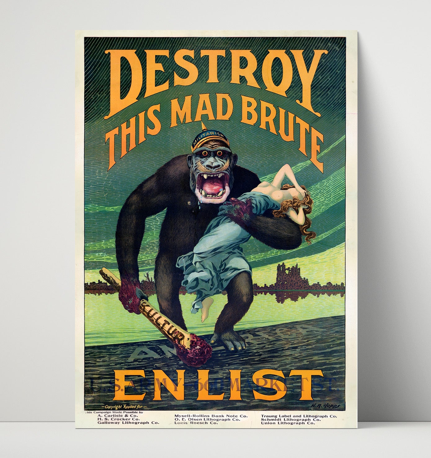 Vintage War Poster - Destroy This Mad Brute Vintage War Wall Art - 16x20 Unframed Print