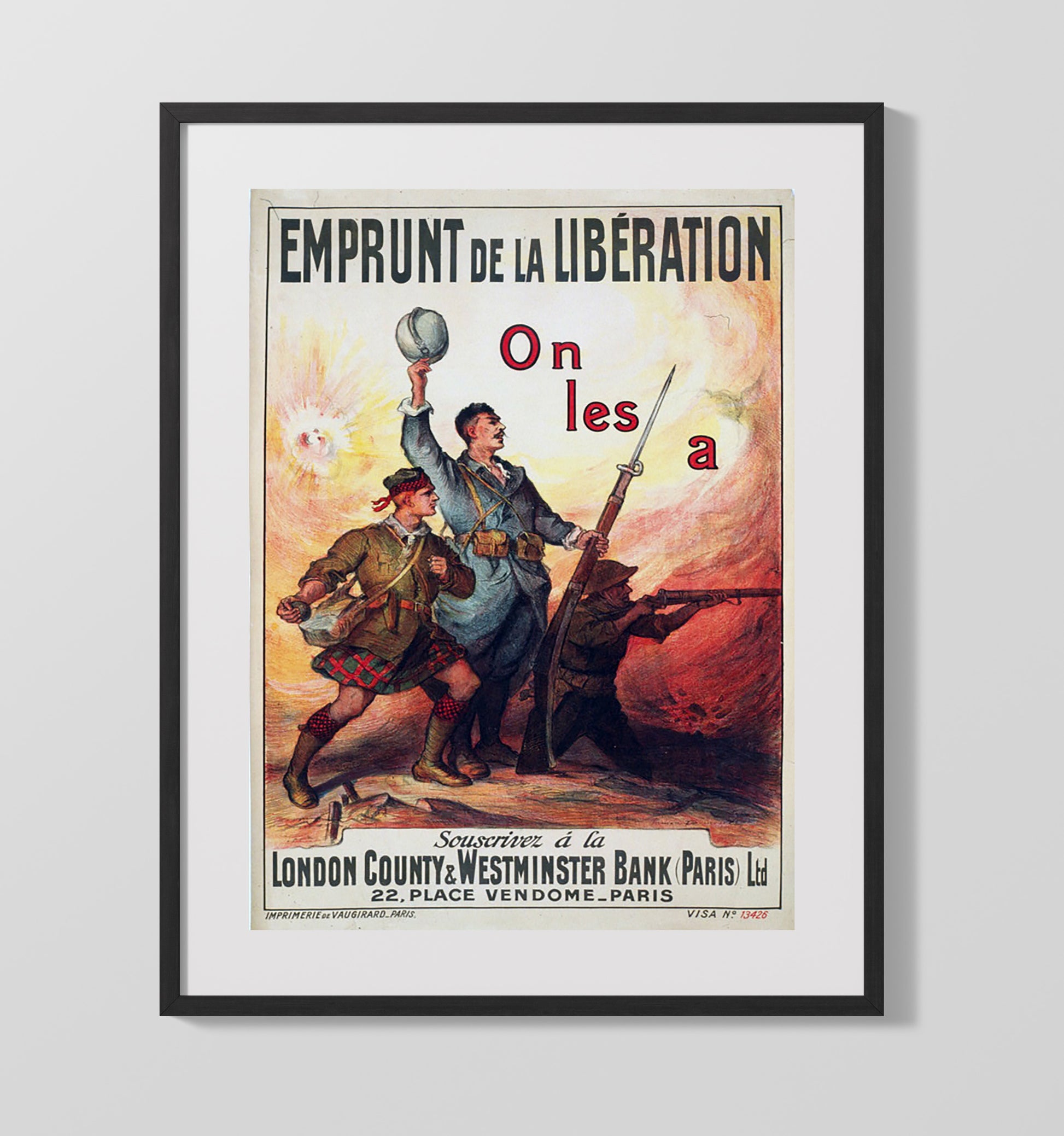 Vintage War Poster - Emprunt de la Liberation London County Bank Paris Vintage War Wall Art - 16x20 Gallery Frame