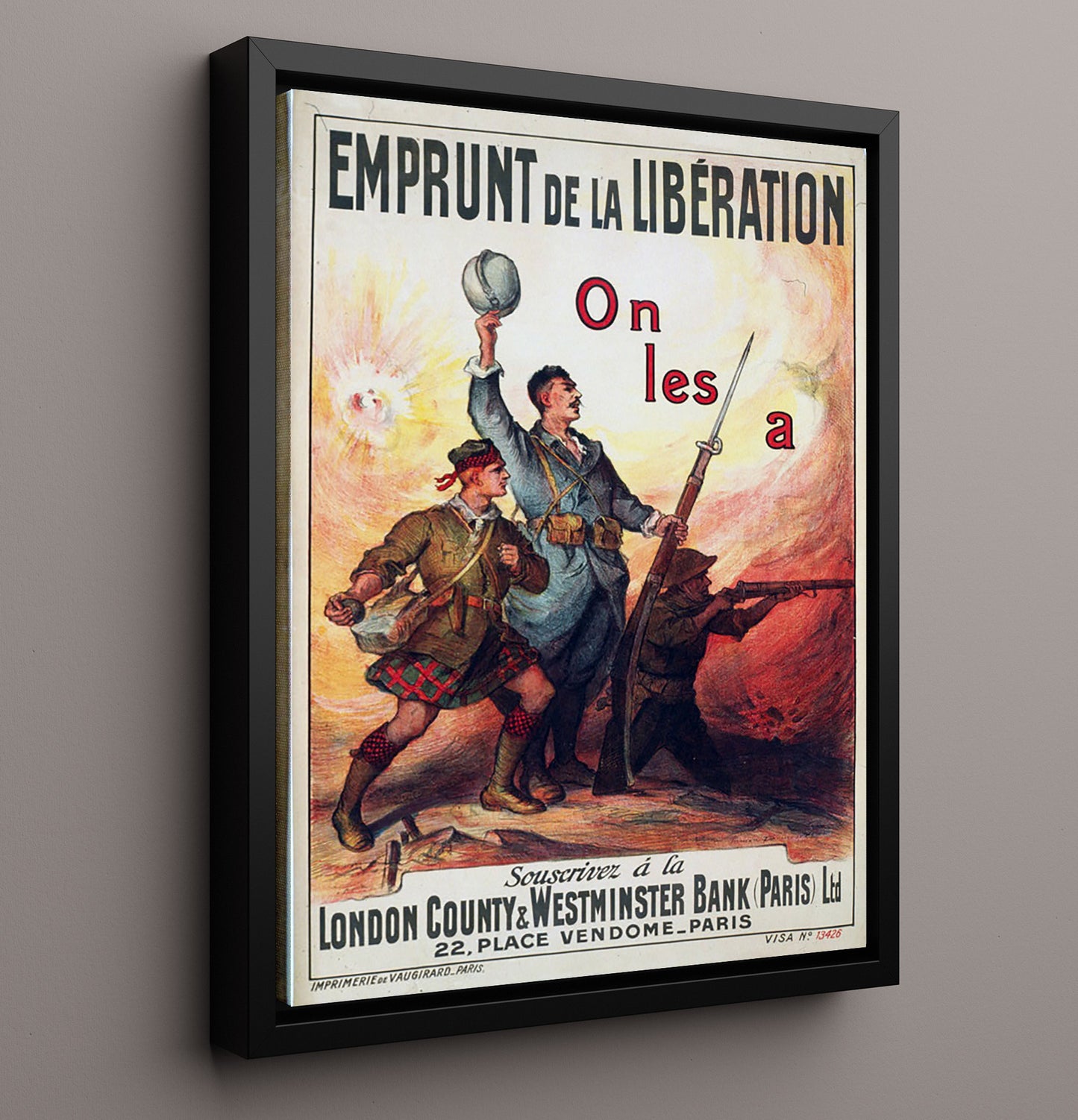 Vintage War Poster - Emprunt de la Liberation London County Bank Paris Vintage War Wall Art - 16x20 Framed Canvas