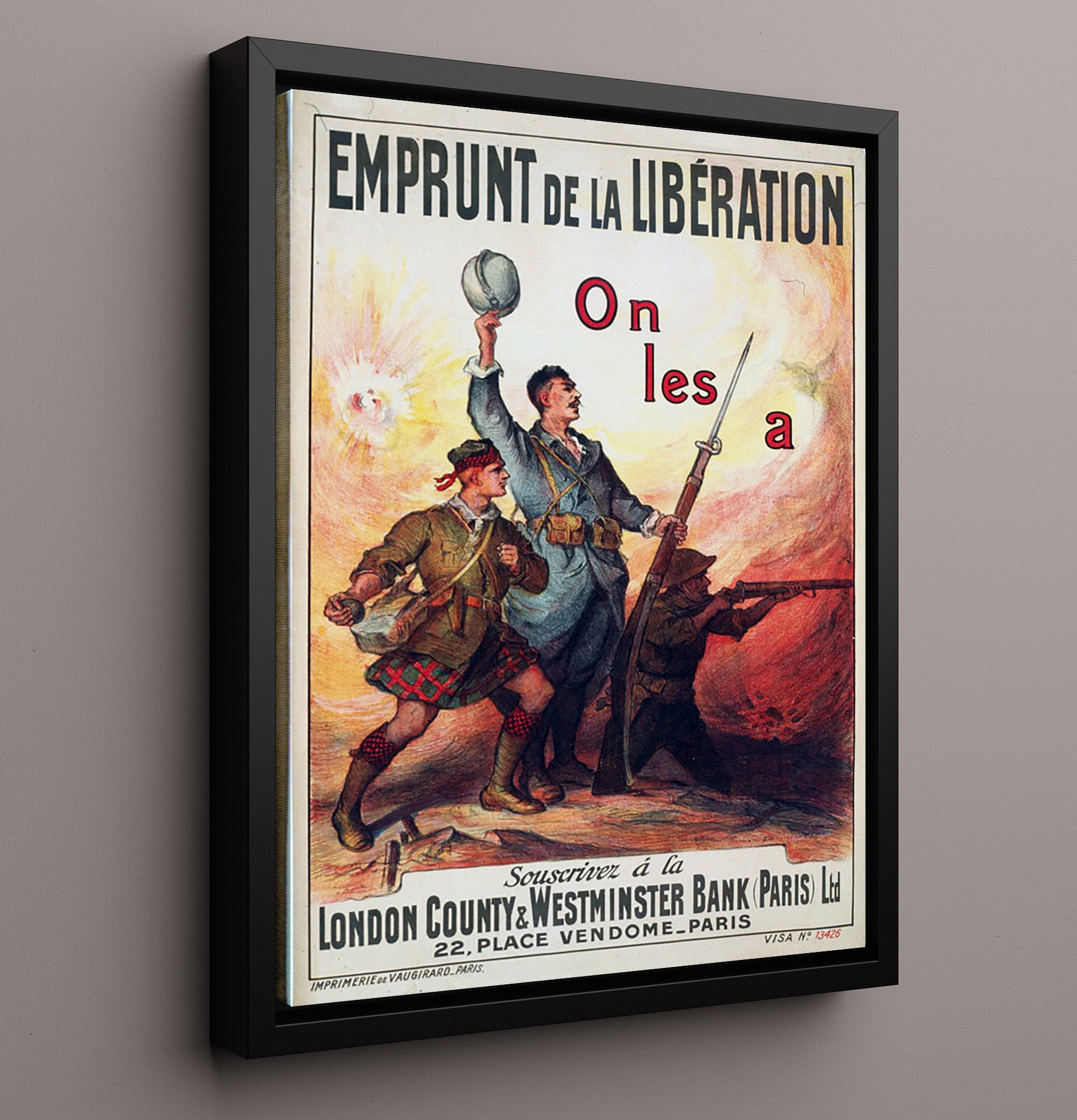 Vintage War Poster - Emprunt de la Liberation London County Bank Paris Vintage War Wall Art - 16x20 Framed Canvas