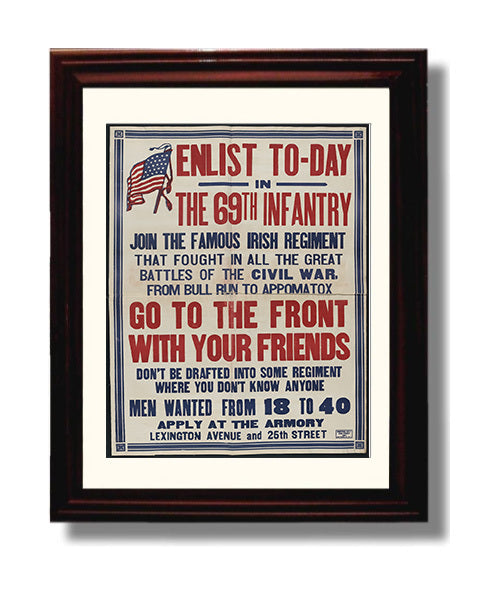 Vintage War Poster - Enlist Today Notice Irish Regiment Vintage War Wall Art - 8x10 Beveled Frame