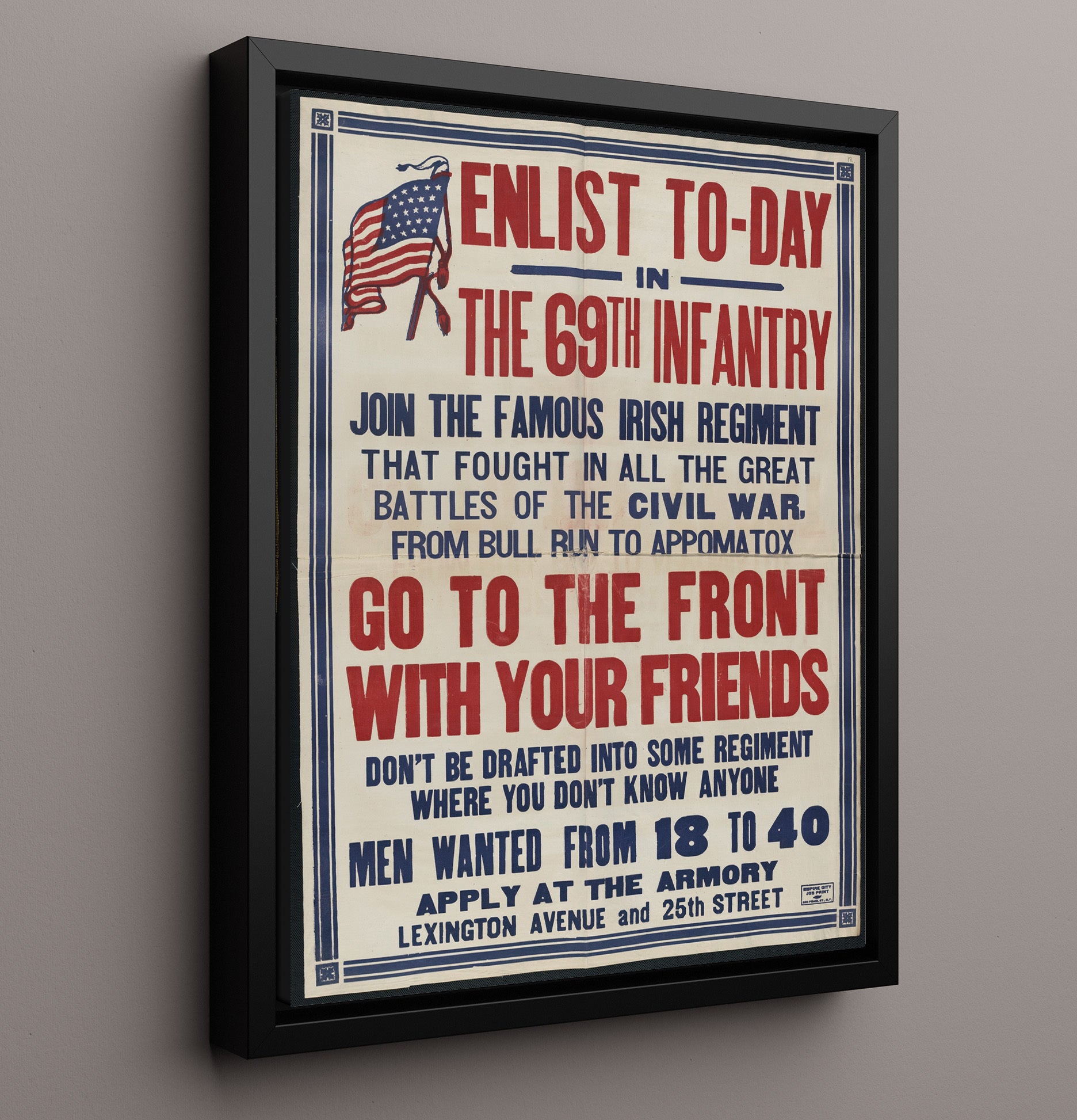 Enlist Today Notice Irish Regiment war poster wall art 16x20 Framed Canvas