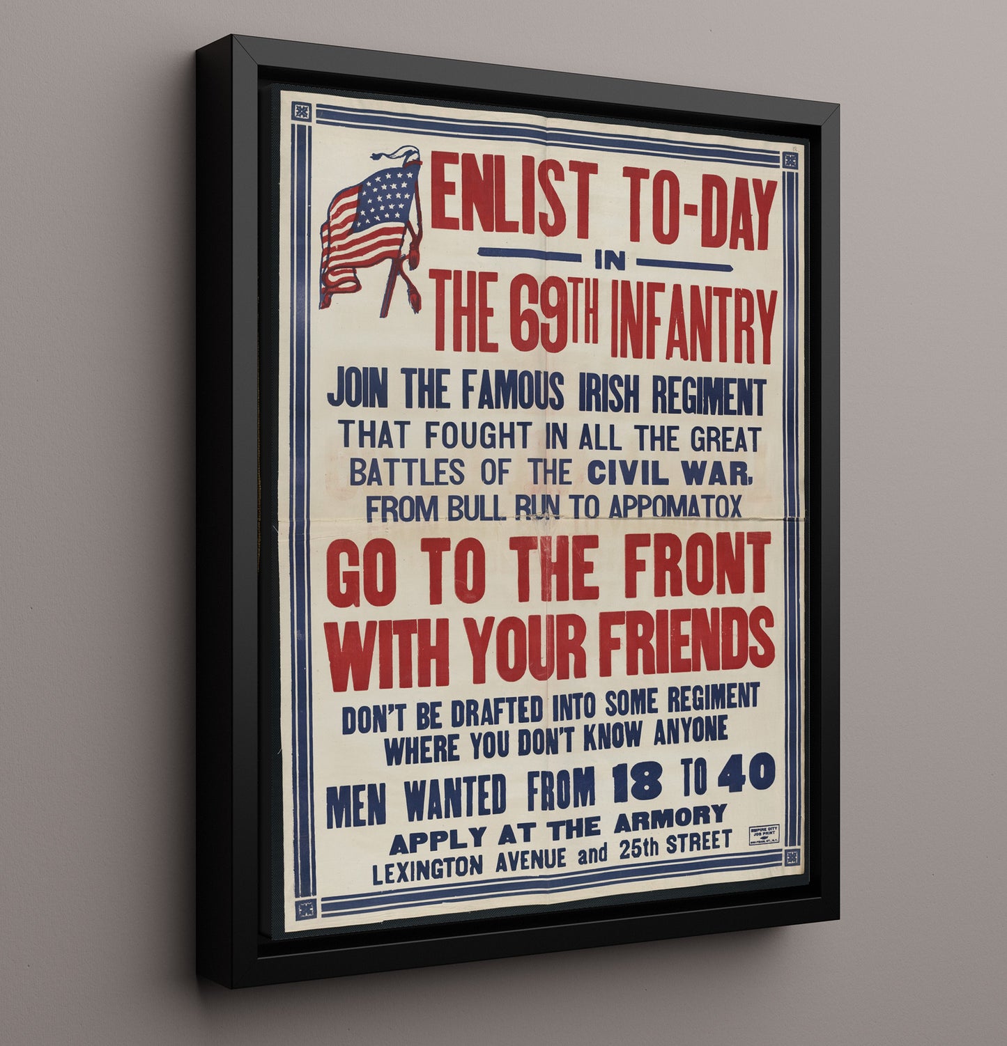 Vintage War Poster - Enlist Today Notice Irish Regiment Vintage War Wall Art - 16x20 Framed Canvas
