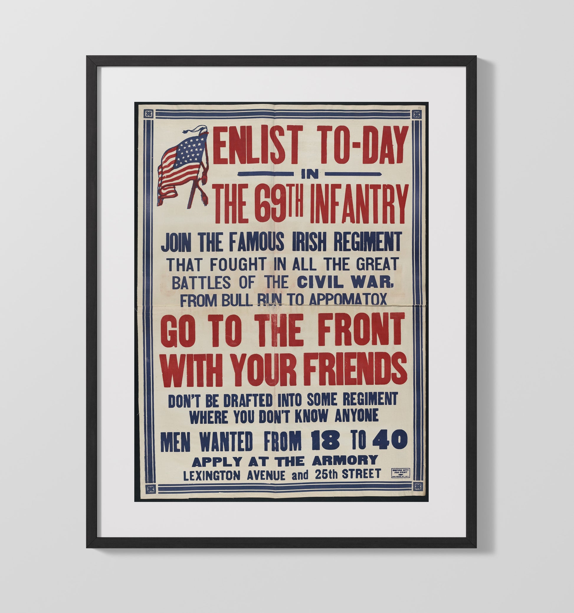 Vintage War Poster - Enlist Today Notice Irish Regiment Vintage War Wall Art - 16x20 Gallery Frame
