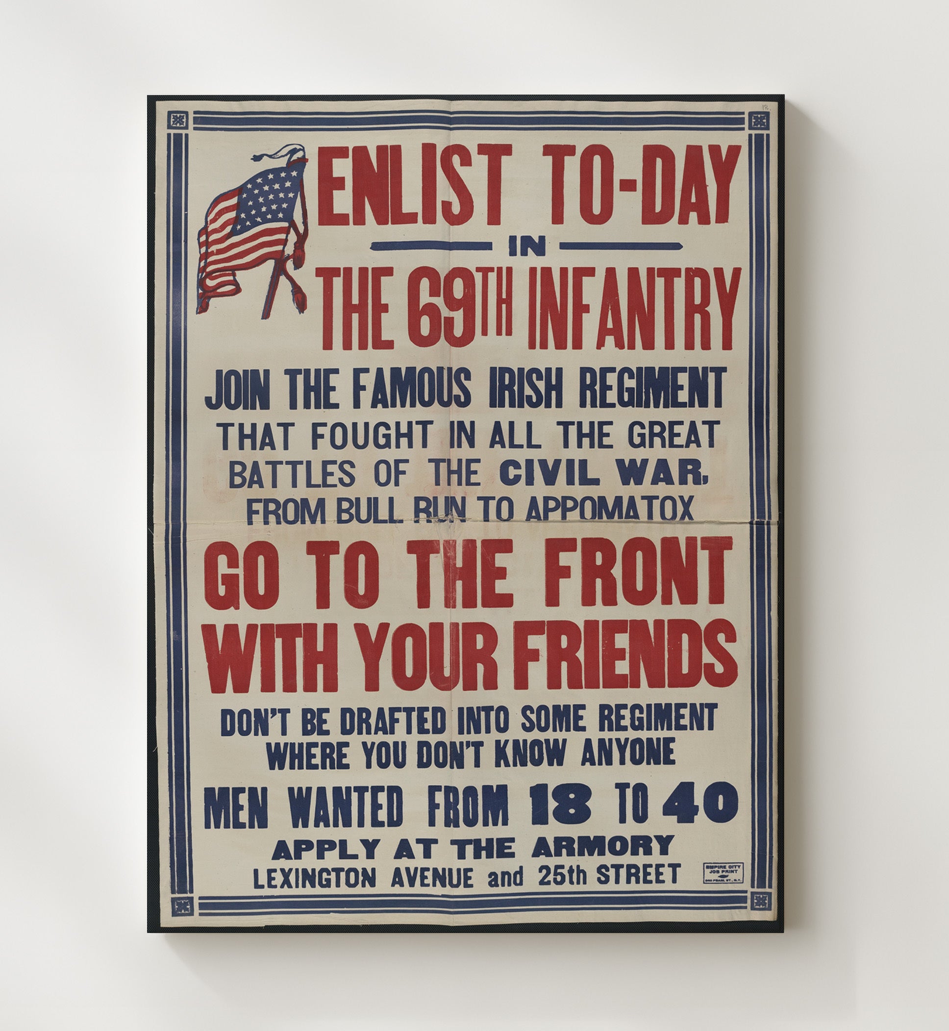 Enlist Today Notice Irish Regiment war poster wall art 20x24 Canvas