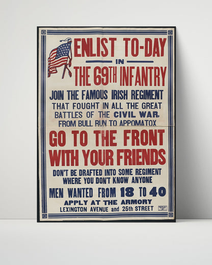 Vintage War Poster Unframed- Enlist Today Notice Irish Regiment