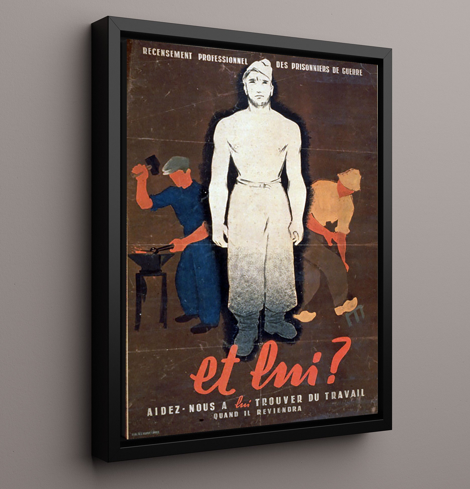Vintage War Poster - Et Imi Trouver Du Travail Vintage War Wall Art - 16x20 Framed Canvas