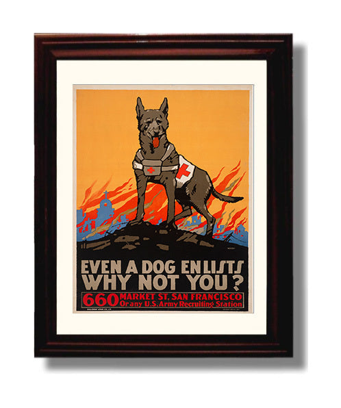 Vintage War Poster - Even a Dog Enlists Why Not You Vintage War Wall Art - 8x10 Beveled Frame
