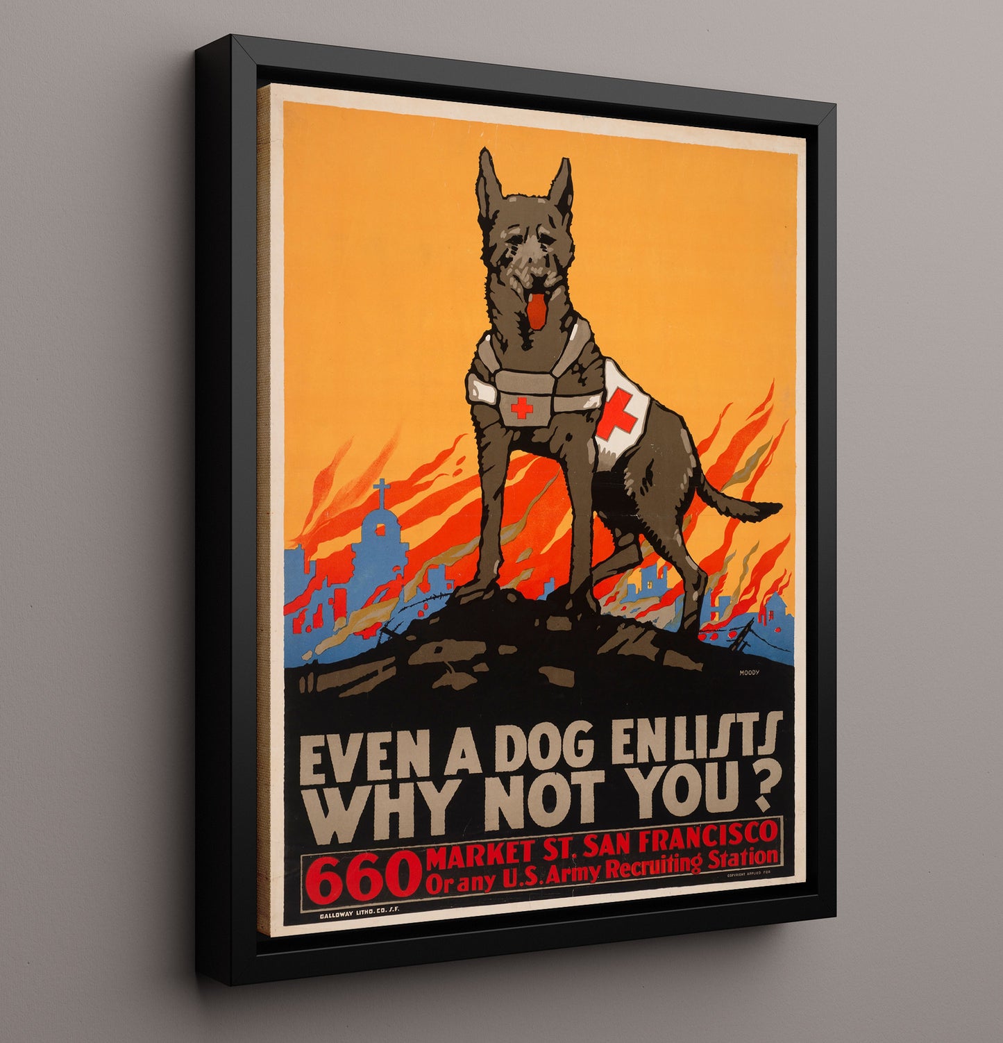 Vintage War Poster - Even a Dog Enlists Why Not You Vintage War Wall Art - 16x20 Framed Canvas