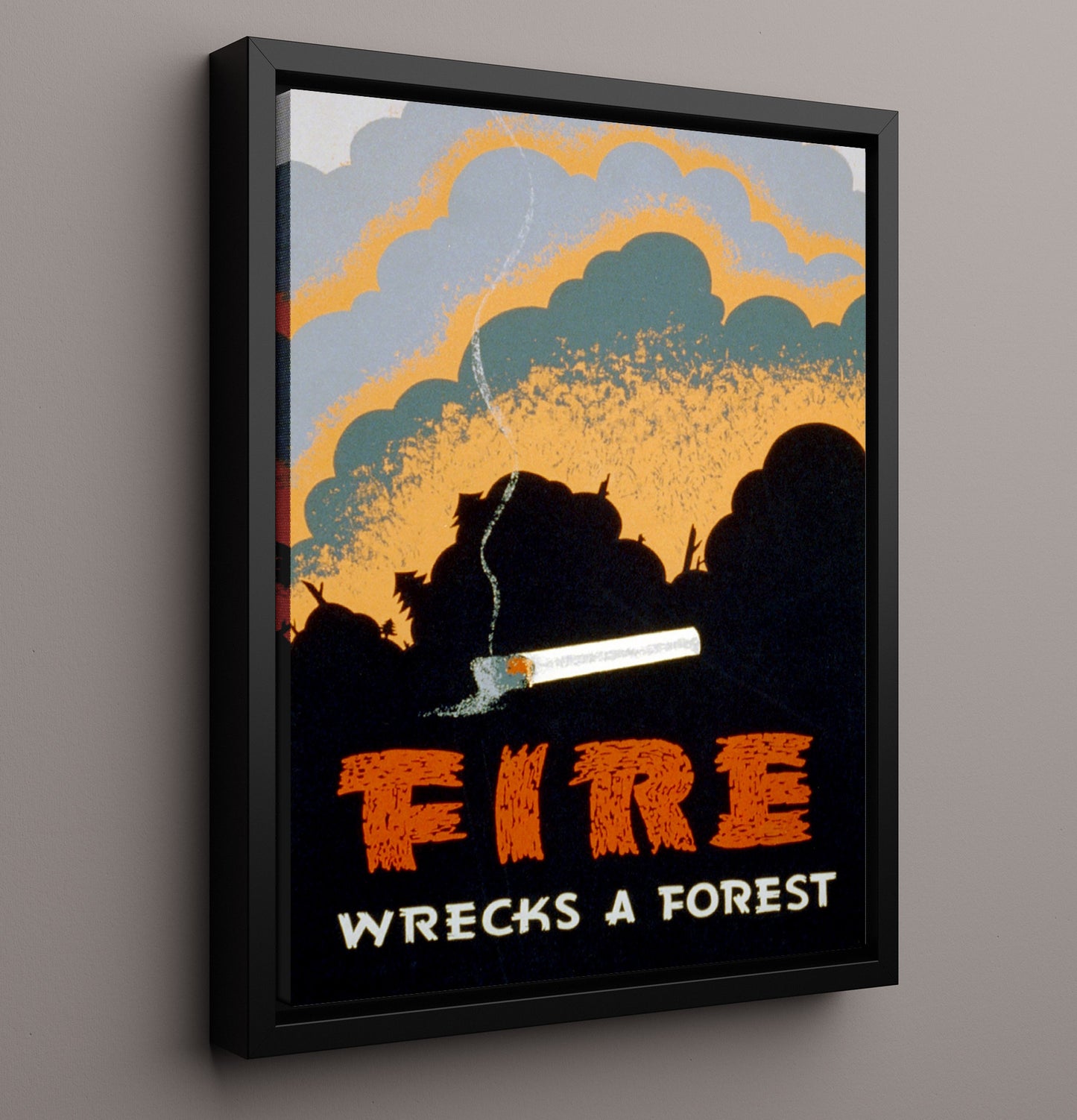 Vintage War Poster - Fire Wrecks a Forest - Dont Let a Spark Win the Battle Vintage War Wall Art - 16x20 Framed Canvas