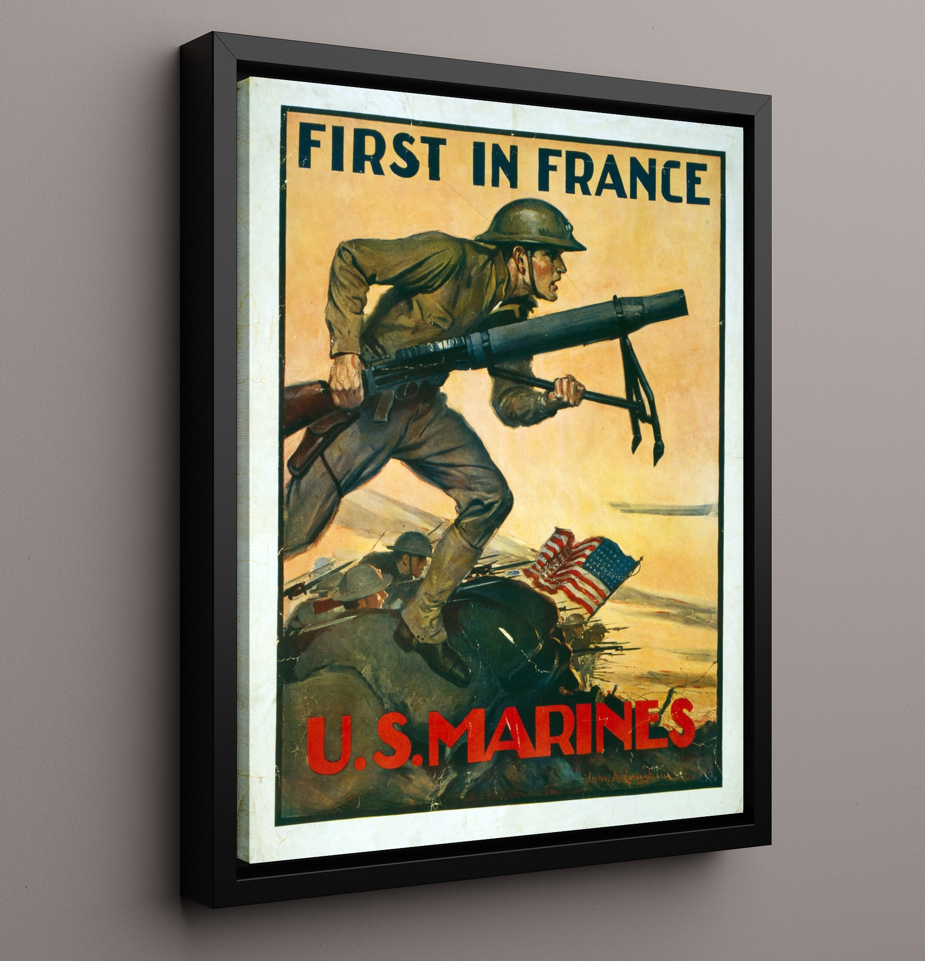 First In France U.S. Marines war poster wall art 16x20 Framed Canvas