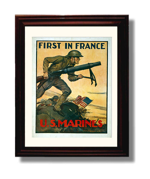 First In France U.S. Marines war poster wall art 8x10 Beveled Frame